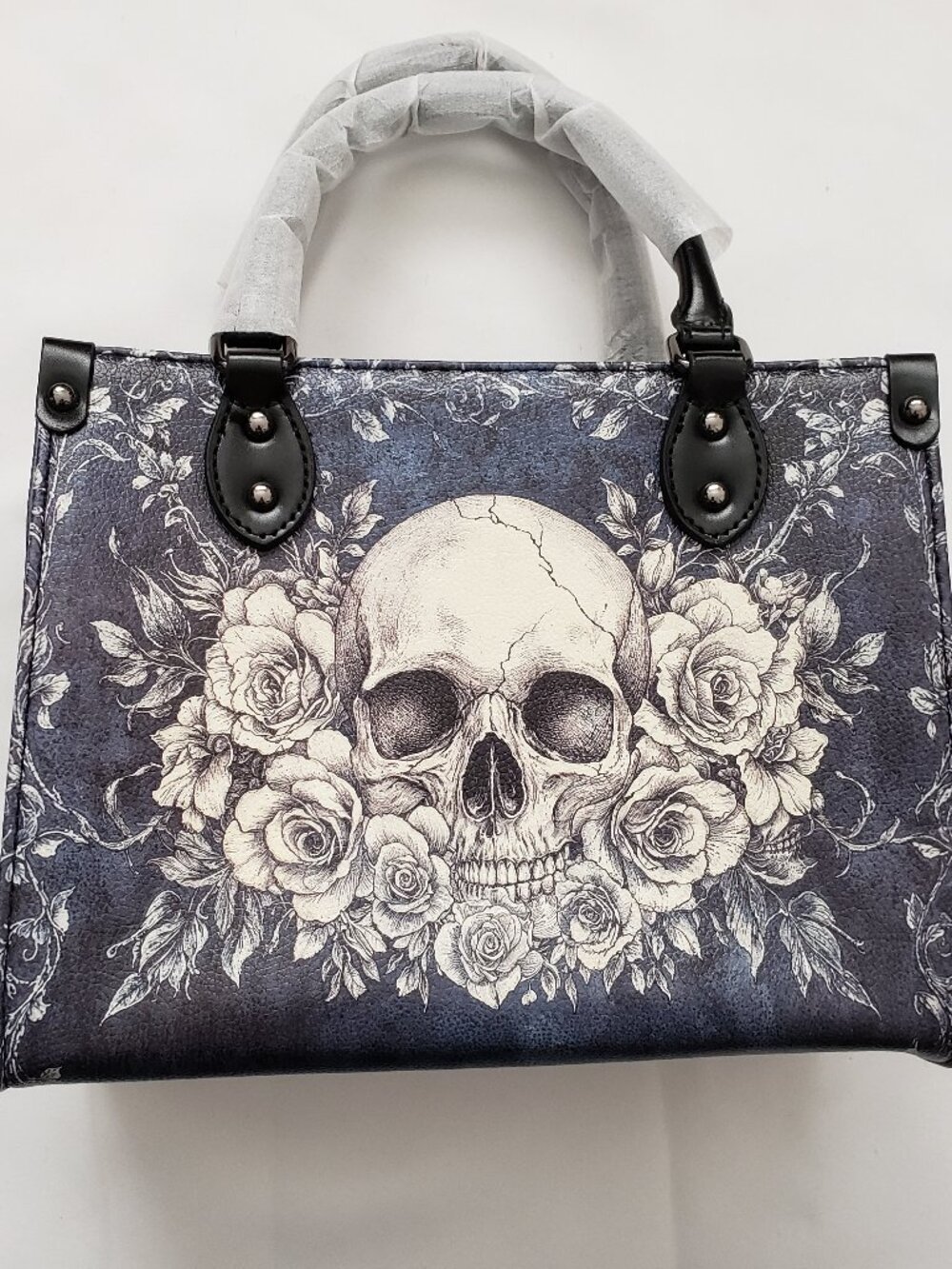 Skullette vegan leather bag small purse goth dark icy blue with skull & roses
